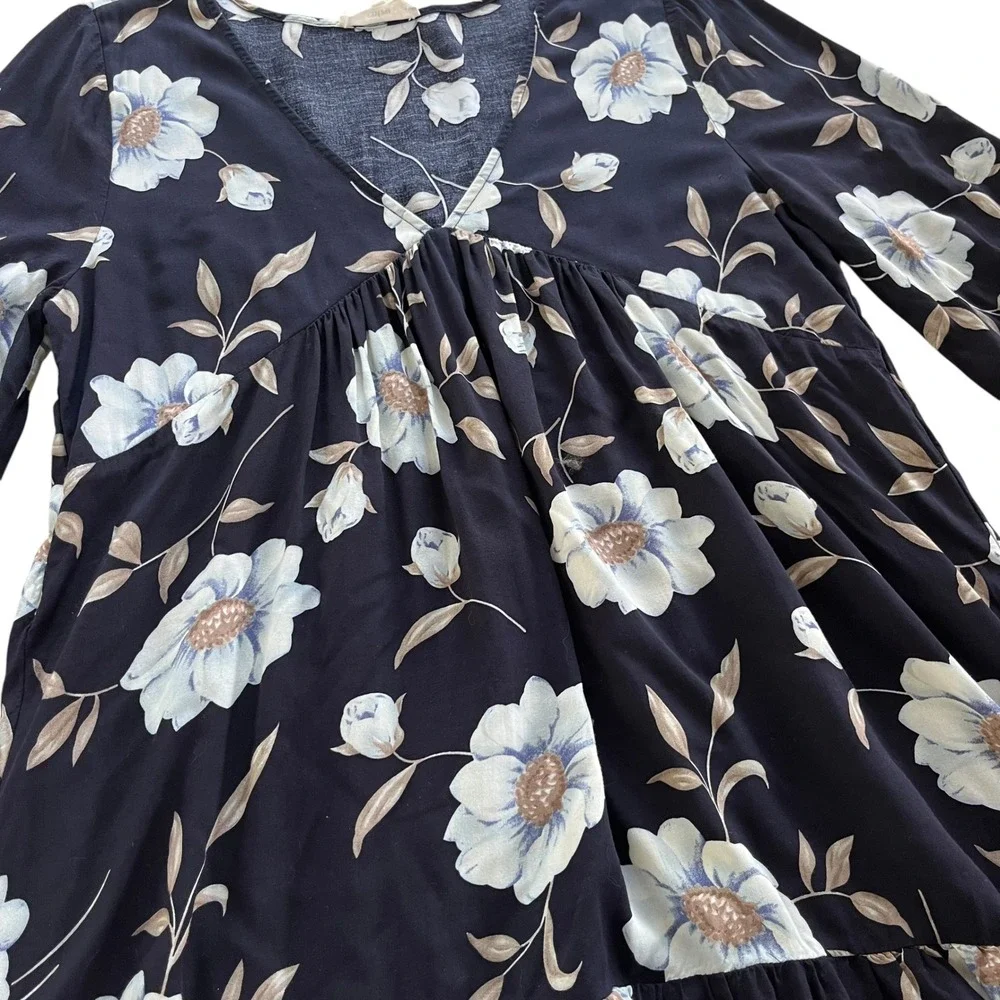 Entro Women L Navy Blue Floral Print 3/4 Tie Sleeve V Neck Ruffle Hem Dress Boho